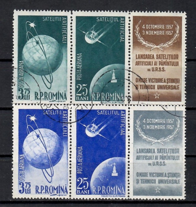 Romania 1957, LP.444a-Sateliţii artificiali ai Păm&acirc;ntului, tripticuri cu vinieta