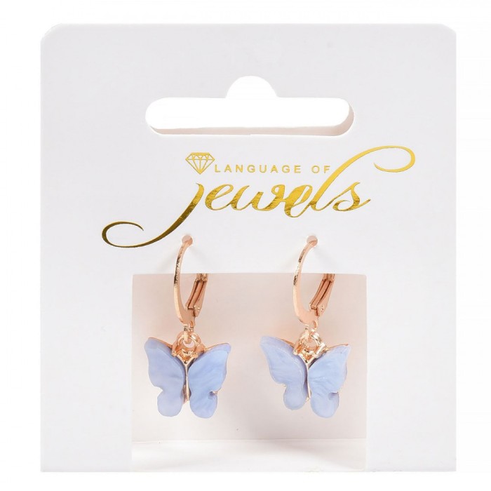 Cercei Femei, Model Fluture, Metal, Culoare Aurie, Fluture Albastru, Diametru 1cm, Lungime 3cm