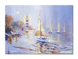 Tablou pictat manual, Apus de soare cu veliere, 70x50cm ulei pe panza, Mircea Iordache