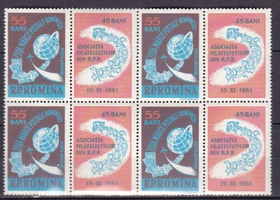 ROMANIA 1961 LP 530 a ZIUA MARCII POSTALE ROMANESTI BLOC 4 TIMBRE CU VINIETE MNH foto
