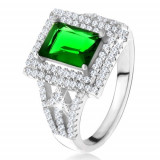 Inel cu un zirconiu dreptunghiular, verde, contur dublu, săgeţi, argint 925 - Marime inel: 60