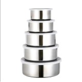 Set 5 Caserole Inox cu Capac, Argintiu, Rotunde, Dimensiuni Variate, Depozitare Alimente