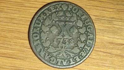 Portugalia - moneda colectie f rara - 10 reis 1738 - Jo&amp;atilde;o V - senzationala ! foto