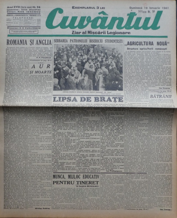 Cuvantul , ziar al miscarii legionare , 19 ianuarie 1941 , nr. 94