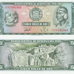 1969 ( 20 VI ) , 5 soles de oro ( P-99a ) - Peru - stare UNC