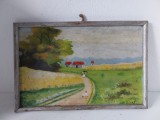 Tablou Vechi pe Placaj &ndash; Peisaj Rural cu Țărani &ndash; Semnat &ndash; Artă Naivă Autentică