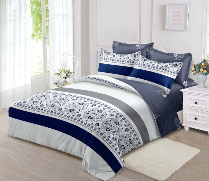 Lenjerie de pat pentru o persoana cu husa elastic pat si 2 fete perna dreptunghiulara, Abdera, bumbac mercerizat, multicolor