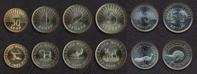 MACEDONIA █ SET COMPLET DE MONEDE █ 50 Deni 1+2+5+10+50 Denari █ 1993-2008 █ UNC foto