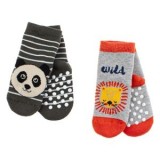 Sosete Bebe Anti-alunecare cu Imprimeu Leu si Panda, 2 Perechi, Gri si Maro, CMCLASS