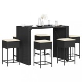 Cumpara ieftin Set bar de grădină, 7 piese, cu perne, negru, poliratan