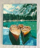 tablou pe numere barci barca lac de munte completat in totalitate