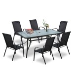 Set Mobilier Gradina Arlon 6+1 Negru, Masa Sticla, Scaune Textilena, Cadru Metalic, 6 Locuri