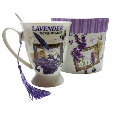 Cana din ceramica cu lingurita, Model cu lavanda, Mov, DO116G foto