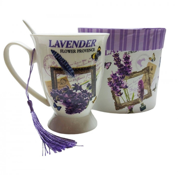 Cana din ceramica cu lingurita, Model cu lavanda, Mov, DO116G