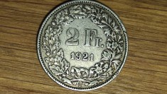 Elvetia -moneda de colectie rara- 2 franci / francs 1921 argint 0.835 - superba!
