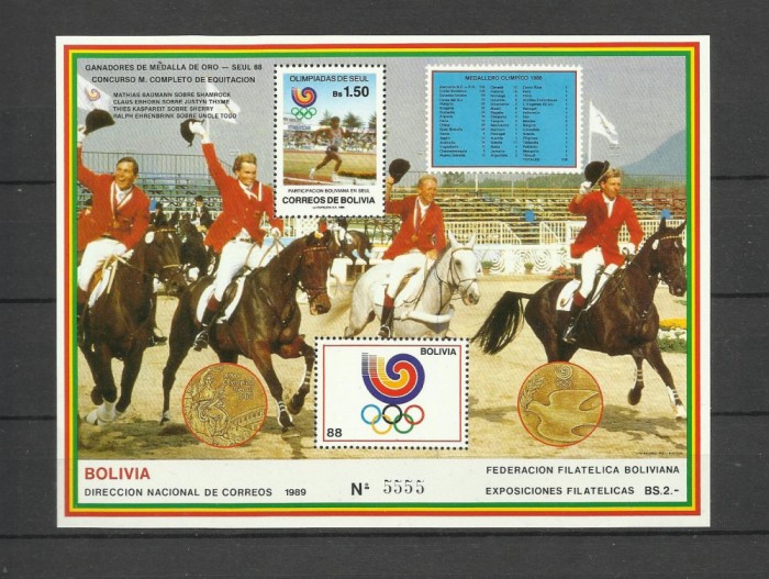 BOLIVIA 1988 SPORT JOCURILE OLIMPICE SEUL CAI ECHITATIE COTA MICHEL 25EURO