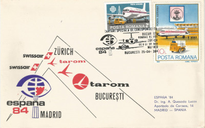 Rom&amp;acirc;nia, Cartare specială corep. Bucureşti-Zurich-Madrid, plic, Bucureşti, 1984 foto