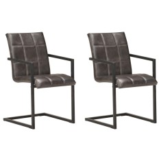 vidaXL Scaune de bucătărie cantilever, 2 buc., gri, piele naturală 321854