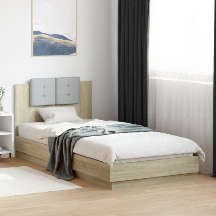vidaXL Cadru de pat cu tăblie și LED, stejar sonoma, 90x200 cm 3210033