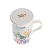 Cana portelan cu capac si decor floral pastel 300 ml