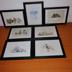 Lot 7 tablouri mici ilustratie Lasse Aberg Abergs Museum art print Mickey Mouse