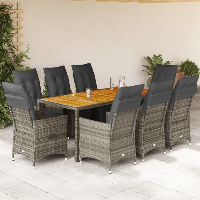 Set bistro de grădină cu perne, 9 piese, gri, poliratan
