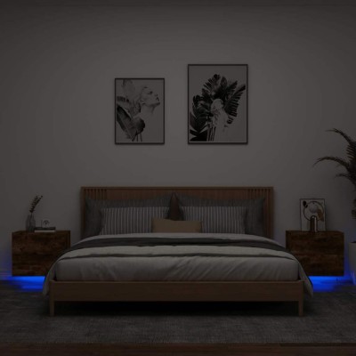 vidaXL Noptiere montate pe perete cu lumini LED, 2 buc.,stejar fumuriu 836821 foto