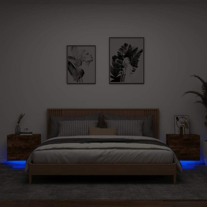 vidaXL Noptiere montate pe perete cu lumini LED, 2 buc.,stejar fumuriu 836821