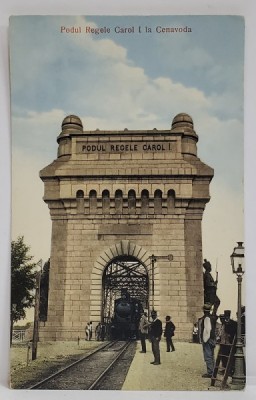 PODUL REGELE CAROL I LA CERNAVODA , LOCOMOTIVA SOSIND IN STATIE , CARTE POSTALA , INCEPUTUL SEC. XX foto