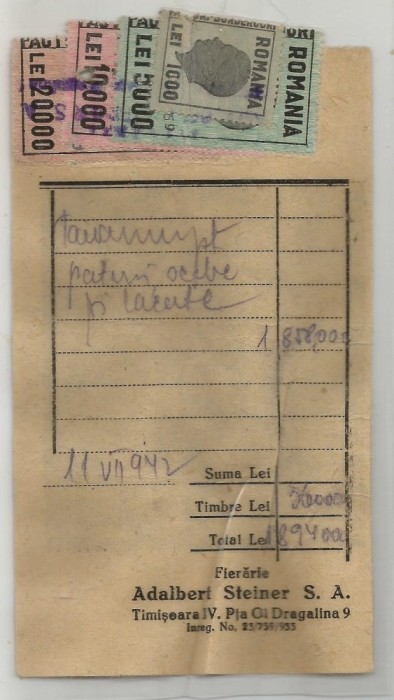 Romania, Adalbert Steiner S.A., Timisoara, 1942