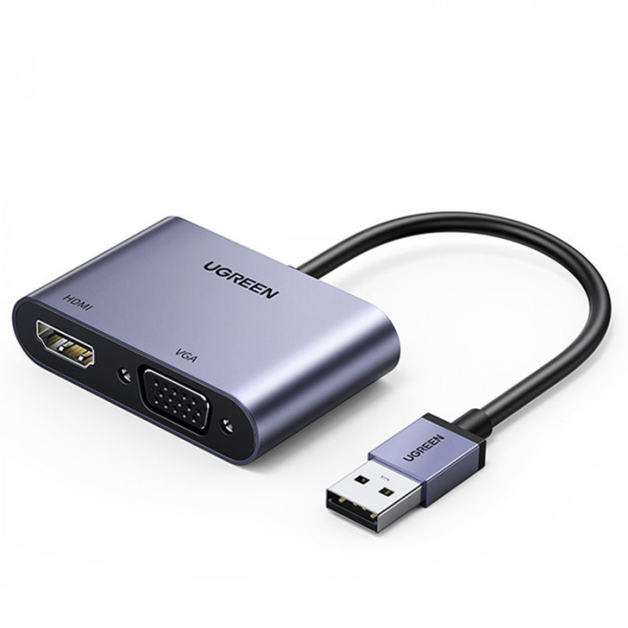 Convertor Adaptor Ugreen USB - HDMI 1.3 (1920 X 1080@60Hz) + VGA 1.2 (1920 X 1080@60Hz) Gri (CM449)