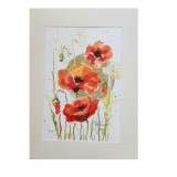 E127. Tablou Maci Rosii pe fond Auriu, acuarela cu cadru de Passpartout, 30x40cm, Flori, Impresionism, RavariuArt