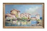 Cumpara ieftin Tablou pictat manual inramat, Peisaj cu case, barci si velier, 110x70cm ulei pe panza, Geo Ungureanu