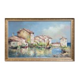 Tablou pictat manual inramat, Peisaj venetian, 110x70cm ulei pe panza in cutit efect 3D, Geo Ungureanu