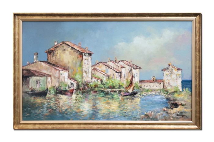 Tablou pictat manual inramat, Peisaj cu case, barci si velier, 110x70cm ulei pe panza, Geo Ungureanu