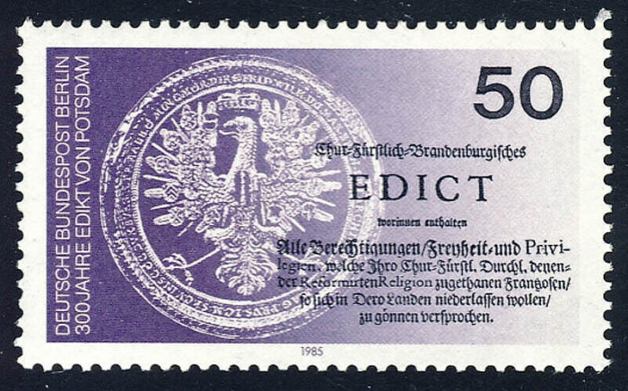 GERMANIA , BERLIN 1985 ANIVERSARE 300 EDICTUL DE LA POTSDAM ,TIMBRU NESTAMPILAT