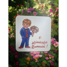 Baza martisor, baietel cu flori, 9,5cm, hdf alb