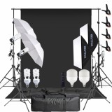Pachet studio foto video cu fundal negru, iluminare LED 150W 5500K cu telecomanda, 2 softboxuri, 2 umbrele si stative reglabile 200 cm