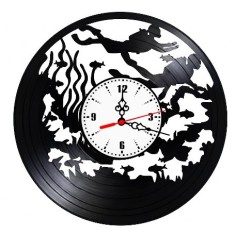 Ceas de perete decorativ, model Scuba Diving si Scufundari, Lumea Subacvatica, din disc de vinil retro, diametru 30 cm, Negru
