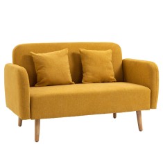 HOMCOM Canapea 2 locuri cu 2 perne decorative, loveseat mic din catifea, canapea tapițată modernă pentru living, dormitor, spațiu mic, Galben 130 x 70