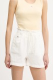 Tommy Jeans pantaloni scurți din amestec de in femei, culoarea alb, cu imprimeu, high waist, DW0DW20360
