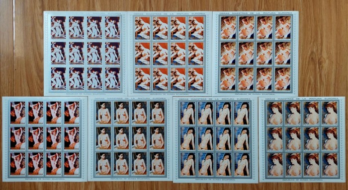 ✅1973 Guinea Ec. &quot;Picturi nud - maestrii europeni &quot; , serie nedantelata in minicoli de 12 , Mi. 267/273 A , cota 48 Є , MNH