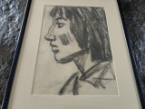 Tablou inramat, Sultana Maitec, autoportret carbune, cu passepartout, nesemnat, interbelic, 35x20 cm, stare perfecta