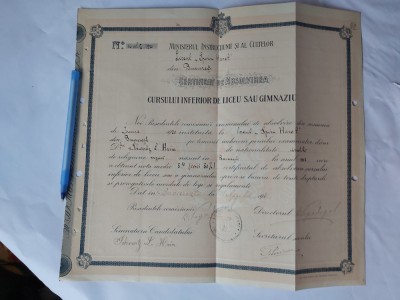 CERTIFICAT DE ABSOLVIRE A LICEULUI,,SPIRU HARET&amp;quot; BUCURESTI-1921. foto