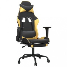 Scaun de gaming cu suport picioare negru/auriu, piele ecologica foto