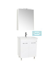 Set mobilier baie GN0541, front MDF, cu lavoar ceramic, 60 cm, 2 usi, 2 rafturi, picioare cromate reglabile, balamale soft close si dulap cu oglinda G