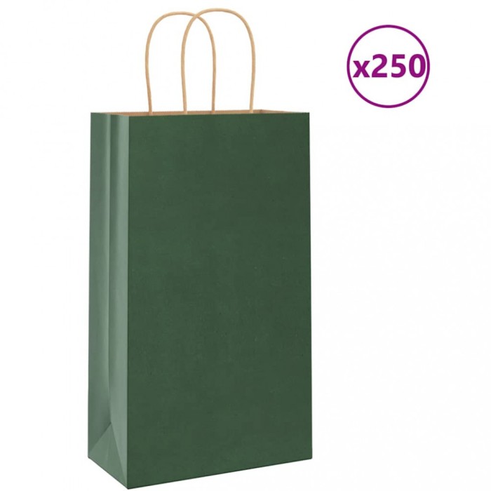 vidaXL Pungi de h&acirc;rtie 250 buc cu m&acirc;nere verde 21x11x36 cm
