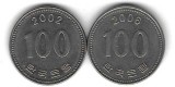 Coreea de Sud , lot 53 - 2 buc x 100 Won 2002 + 2006