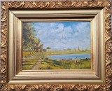 Cumpara ieftin George RUSSU (1880-1977)-Promenadă pe malul lacului, pictură &icirc;n ulei, Peisaje, Realism