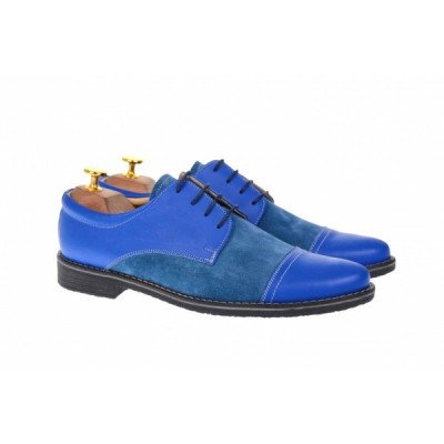 Pantofi barbati casual din piele naturala combinata, culoare albastru - 858AL foto